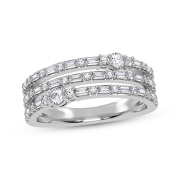 Baguette & Round-Cut Diamond Three-Row Faux-Stack Ring 1/2 ct tw 14K White Gold