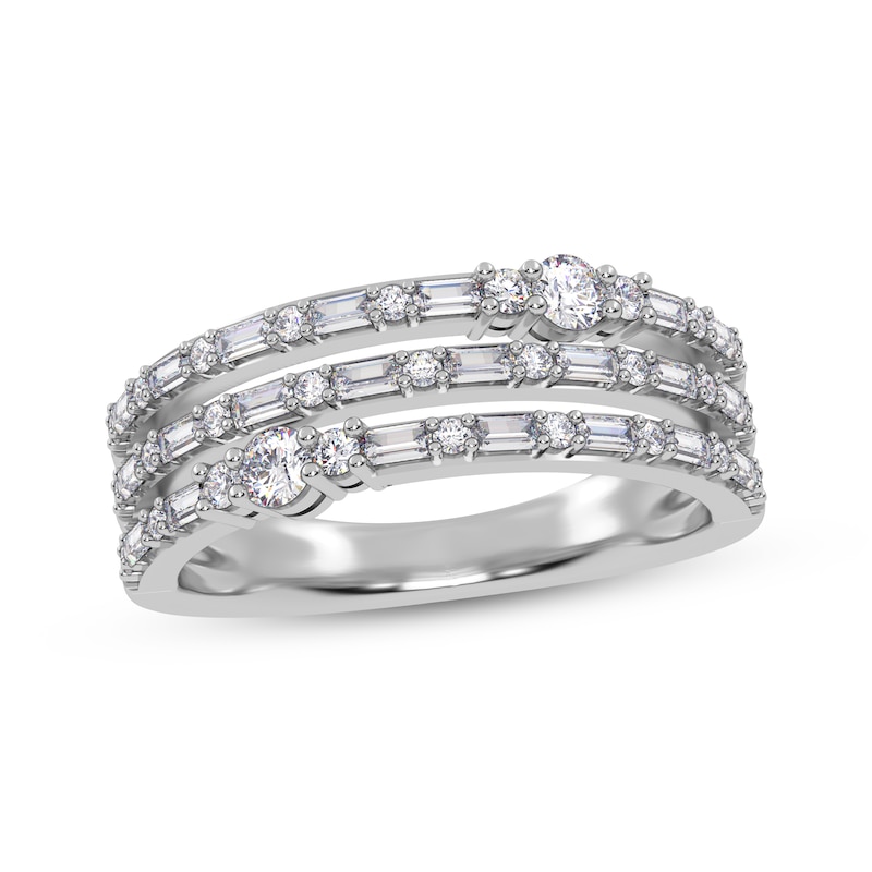 Main Image 1 of Baguette & Round-Cut Diamond Three-Row Faux-Stack Ring 1/2 ct tw 14K White Gold