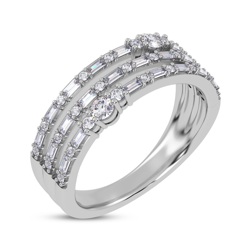 Main Image 2 of Baguette & Round-Cut Diamond Three-Row Faux-Stack Ring 1/2 ct tw 14K White Gold