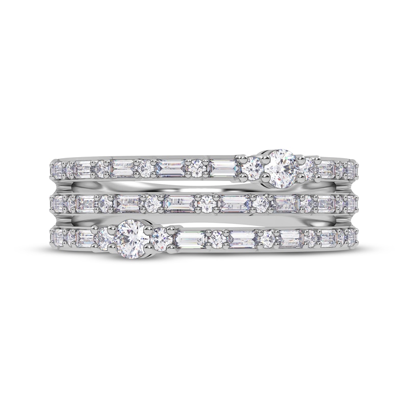 Main Image 3 of Baguette & Round-Cut Diamond Three-Row Faux-Stack Ring 1/2 ct tw 14K White Gold