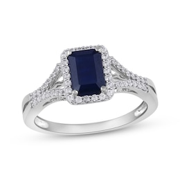 Octagon-Cut Natural Blue Sapphire & Diamond Ring 1/4 ct tw 14K White Gold