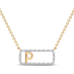 Diamond P Initial Rectangle Necklace 1/10 ct tw 10K Yellow Gold 18&quot;