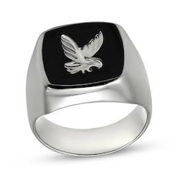 Men's Black Onyx Eagle Signet Ring Sterling Silver