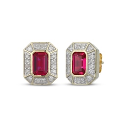 Men's Emerald-Cut Ruby & Diamond Frame Stud Earrings 1/5 ct tw 10K Yellow Gold