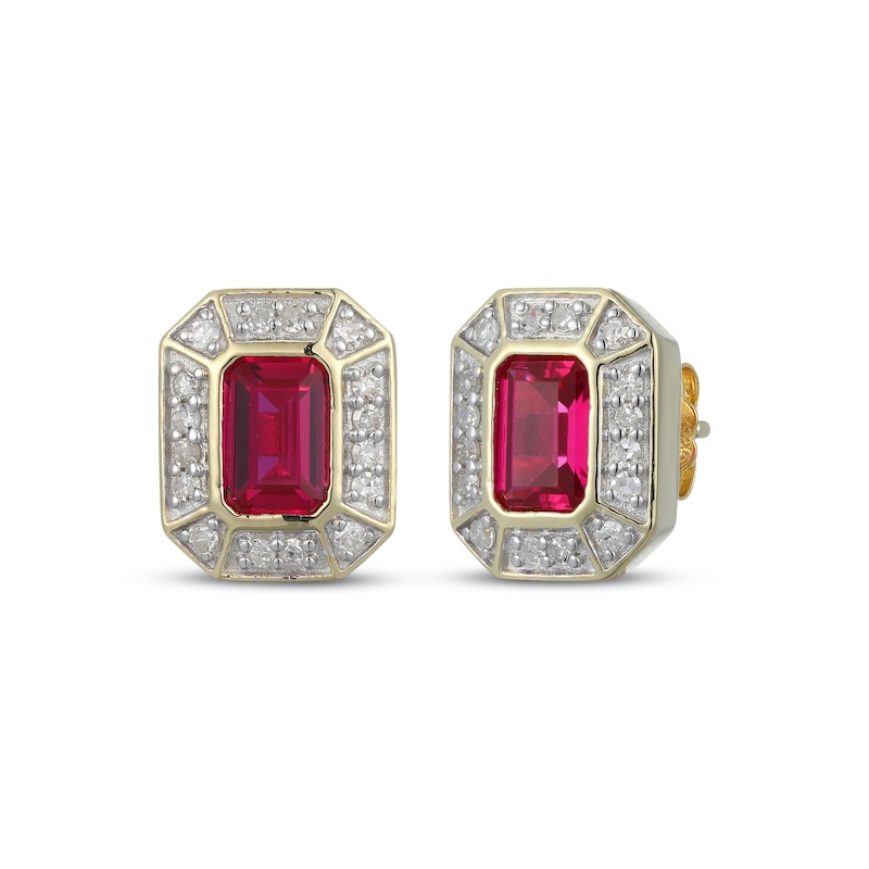 Main Image 1 of Men's Emerald-Cut Ruby & Diamond Frame Stud Earrings 1/5 ct tw 10K Yellow Gold