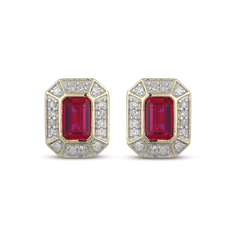 Main Image 2 of Men's Emerald-Cut Ruby & Diamond Frame Stud Earrings 1/5 ct tw 10K Yellow Gold