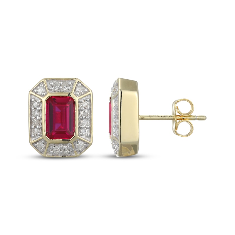 Main Image 3 of Men's Emerald-Cut Ruby & Diamond Frame Stud Earrings 1/5 ct tw 10K Yellow Gold