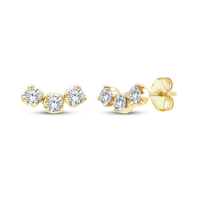 Main Image 1 of Memories Moments Magic Diamond Three-Stone Curved Stud Earrings 1/2 ct tw 10K Yellow Gold