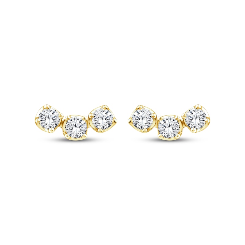 Main Image 2 of Memories Moments Magic Diamond Three-Stone Curved Stud Earrings 1/2 ct tw 10K Yellow Gold