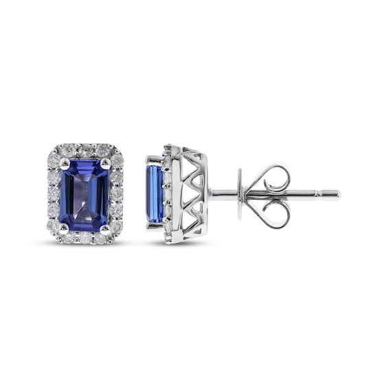 Emerald-Cut Tanzanite & Round-Cut Diamond Stud Earrings 1/5 ct tw Sterling Silver