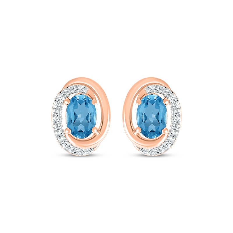 Oval-Cut Swiss Blue Topaz & Diamond Swirl Stud Earrings 1/15 ct tw 10K Rose Gold