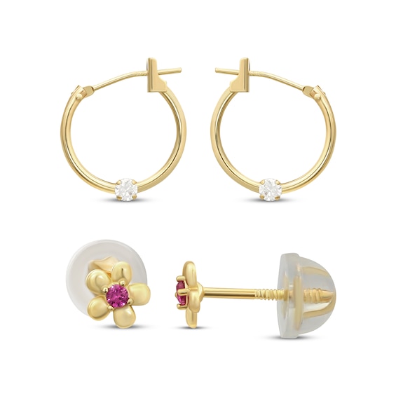 Children's White & Purple Cubic Zirconia Earrings Set 14K Yellow Gold