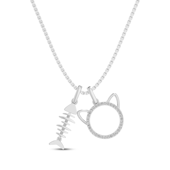 Diamond Cat & Fishbone Necklace 1/8 ct tw Sterling Silver 18"