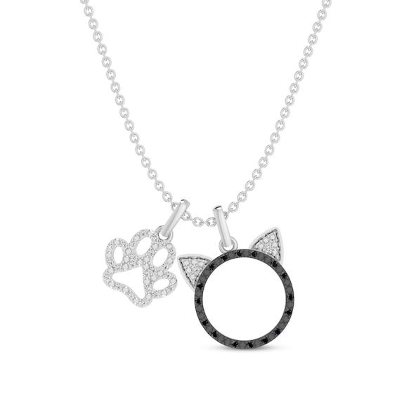 Black & White Diamond Cat & Dog Necklace 1/8 ct tw Sterling Silver 18"
