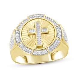 Men's Baguette & Round-Cut Diamond Cross Halo Ring 1/2 ct tw 10K Yellow Gold