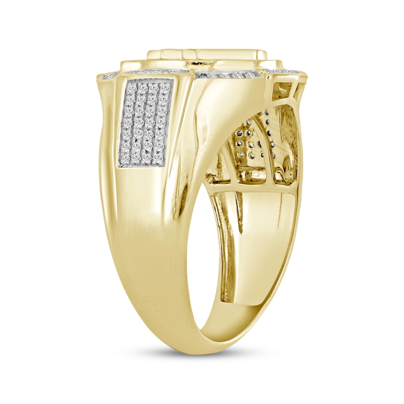 Main Image 2 of Men's Baguette & Round-Cut Diamond Cross Halo Ring 1/2 ct tw 10K Yellow Gold