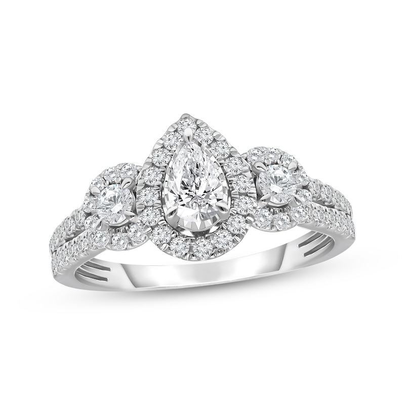 Main Image 1 of Pear-Shaped Diamond Halo Three-Stone Engagement Ring 1 ct tw 14K White Gold