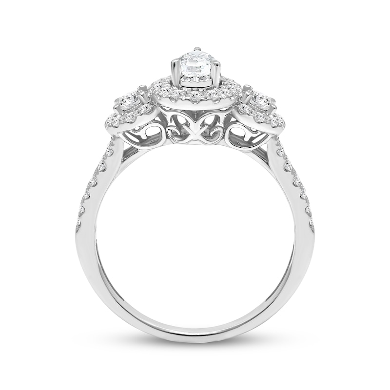 Main Image 2 of Pear-Shaped Diamond Halo Three-Stone Engagement Ring 1 ct tw 14K White Gold