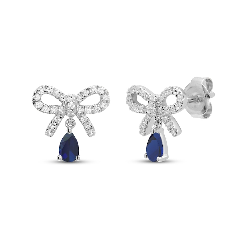 Main Image 1 of Pear-Shaped Blue Lab-Created Sapphire & White Lab-Created Sapphire Bow Drop Earrings Sterling Silver