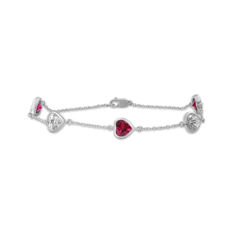 Main Image 1 of Heart-Shaped Lab-Created Ruby & White Lab-Created Sapphire Station Bracelet Sterling Silver 7.5"