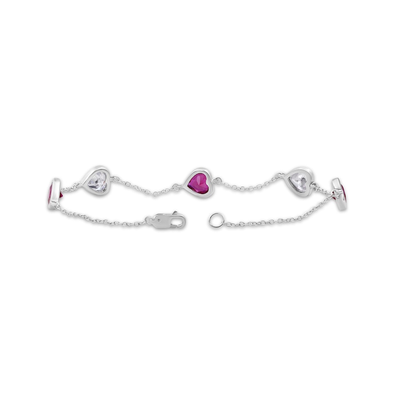 Main Image 2 of Heart-Shaped Lab-Created Ruby & White Lab-Created Sapphire Station Bracelet Sterling Silver 7.5"