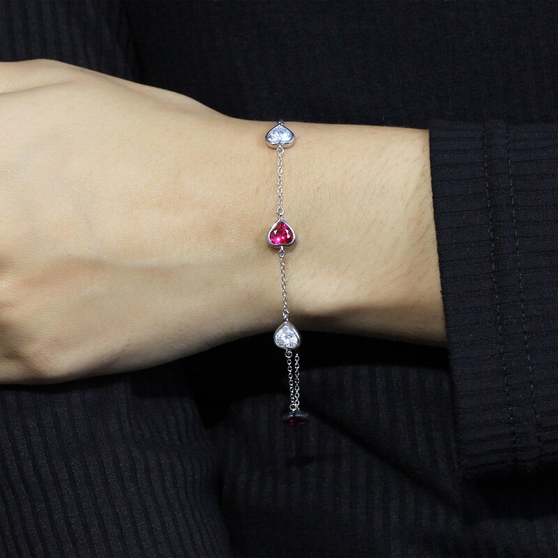 Main Image 3 of Heart-Shaped Lab-Created Ruby & White Lab-Created Sapphire Station Bracelet Sterling Silver 7.5"