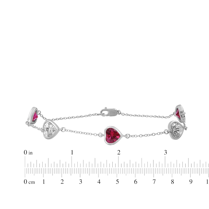 Main Image 4 of Heart-Shaped Lab-Created Ruby & White Lab-Created Sapphire Station Bracelet Sterling Silver 7.5"