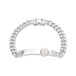 Men's Cultured Pearl ID Curb Chain Bracelet Sterling Silver 8.5&quot;