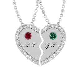 Couple's Birthstone Two-Piece Heart Disc Necklace Set (2 Stones and Lines)