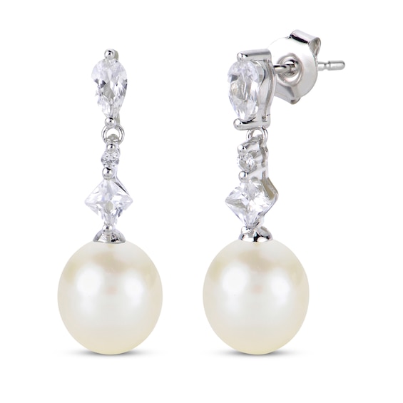 Cultured Pearl & Multi-Shape White Lab-Created Sapphire Drop Earrings Sterling Silver