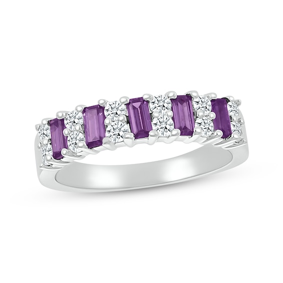 Baguette-Cut Amethyst & Round-Cut White Lab-Created Sapphire Ring Sterling Silver