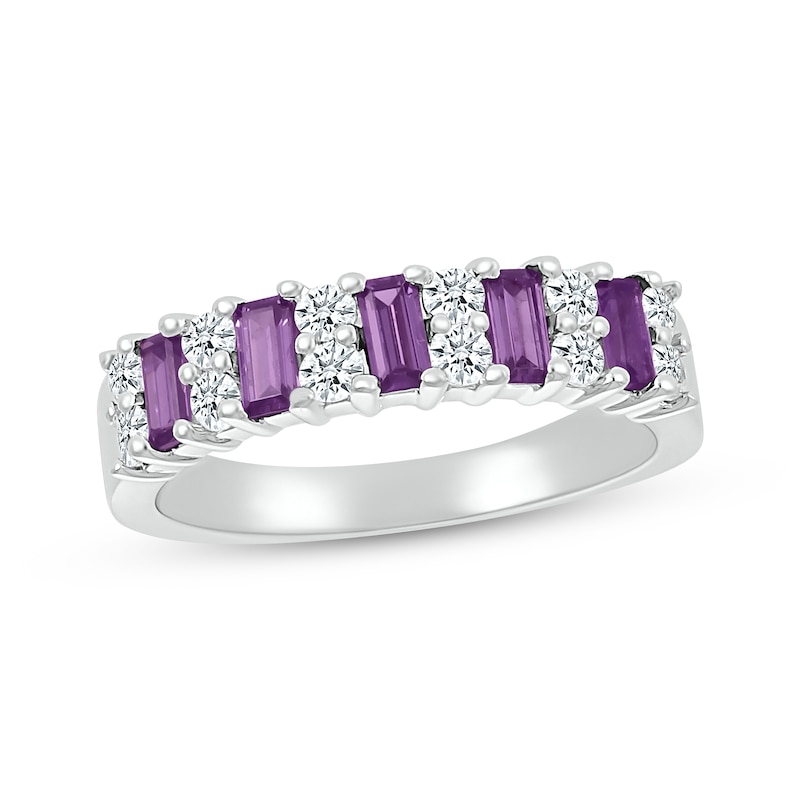 Main Image 1 of Baguette-Cut Amethyst & Round-Cut White Lab-Created Sapphire Ring Sterling Silver