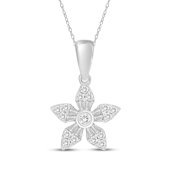 Baguette & Round-Cut Diamond Flower Necklace 1/4 ct tw 10K White Gold 18"