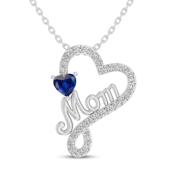 Heart-Shaped Blue Lab-Created Sapphire & White Lab-Created Sapphire &quot;Mom&quot; Necklace Sterling Silver 18&quot;