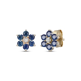 Natural Blue Sapphire & Diamond Accent Flower Stud Earrings 14K Yellow Gold