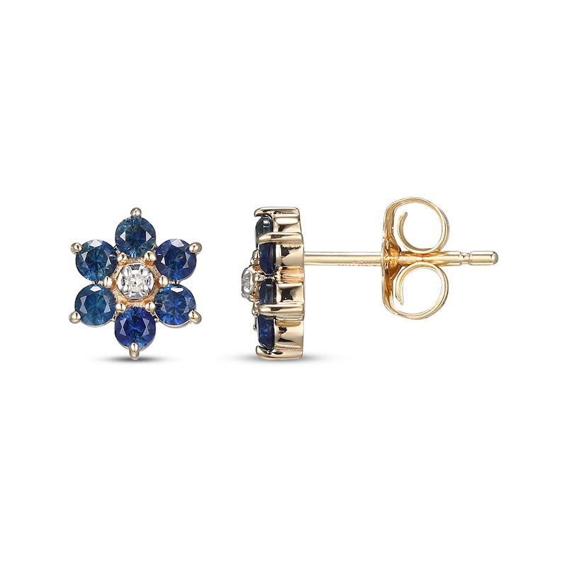 Natural Blue Sapphire & Diamond Accent Flower Stud Earrings 14K Yellow Gold