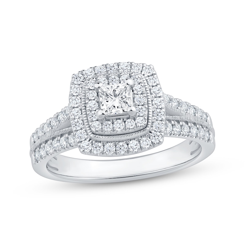 Main Image 1 of Princess-Cut Diamond Double Halo Engagement Ring 3/4 ct tw 14K White Gold