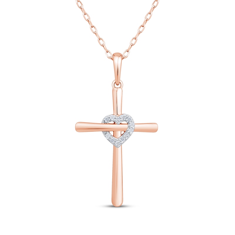 Diamond Heart Cross with Heart Necklace 1/20 ct tw 10K Rose Gold 18"