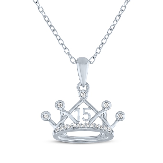 Diamond Accent Quinceañera Crown & 15 Necklace Sterling Silver 18"