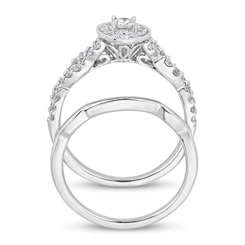 Main Image 2 of Round-Cut Diamond Halo Milgrain Bridal Set 3/4 ct tw 10K White Gold