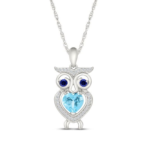 Heart-Shaped Swiss Blue Topaz, Blue & White Lab-Created Sapphire Owl Necklace Sterling Silver 18"