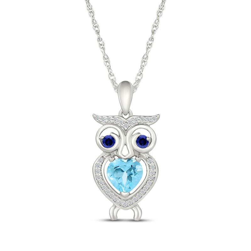 Main Image 1 of Heart-Shaped Swiss Blue Topaz, Blue & White Lab-Created Sapphire Owl Necklace Sterling Silver 18&quot;