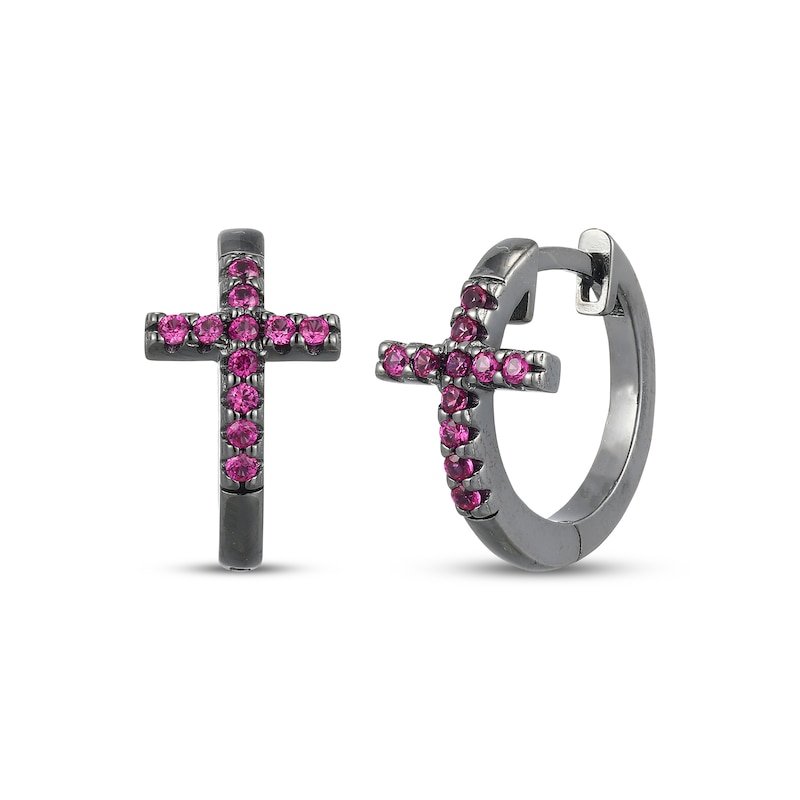 Main Image 1 of Men's Lab-Created Ruby Cross Huggie Hoop Earrings Antique Finished Sterling Silver