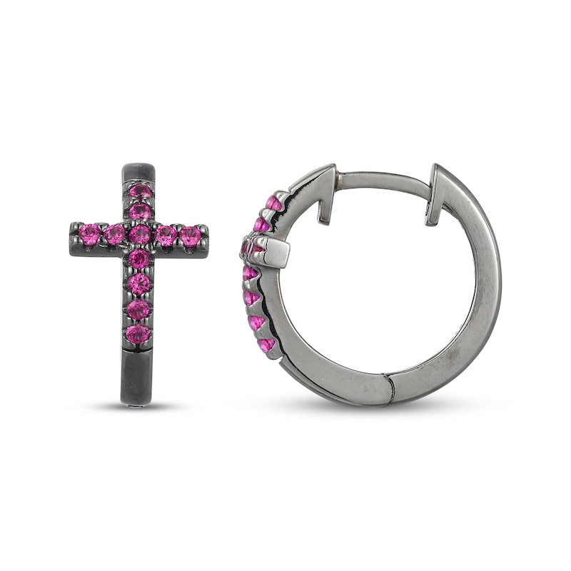 Main Image 3 of Men's Lab-Created Ruby Cross Huggie Hoop Earrings Antique Finished Sterling Silver