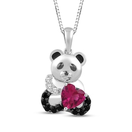 Heart-Shaped Lab-Created Ruby, Black Onyx & White Lab-Created Sapphire Panda Necklace Sterling Silver 18&quot;