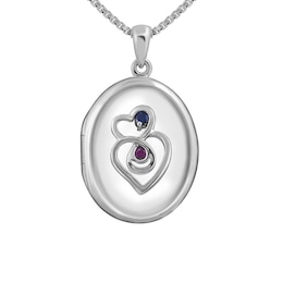 Birthstone Couple's Silver Locket Necklace (2 Stones and 3 Lines)