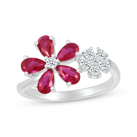 Pear-Shaped Lab-Created Ruby & White Lab-Created Sapphire Flowers Ring Sterling Silver