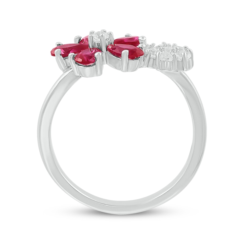 Main Image 3 of Pear-Shaped Lab-Created Ruby & White Lab-Created Sapphire Flowers Ring Sterling Silver