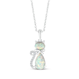 Oval-Cut & Pear-Shaped Lab-Created Opal & White Lab-Created Sapphire Cat Necklace Sterling Silver 18&quot;