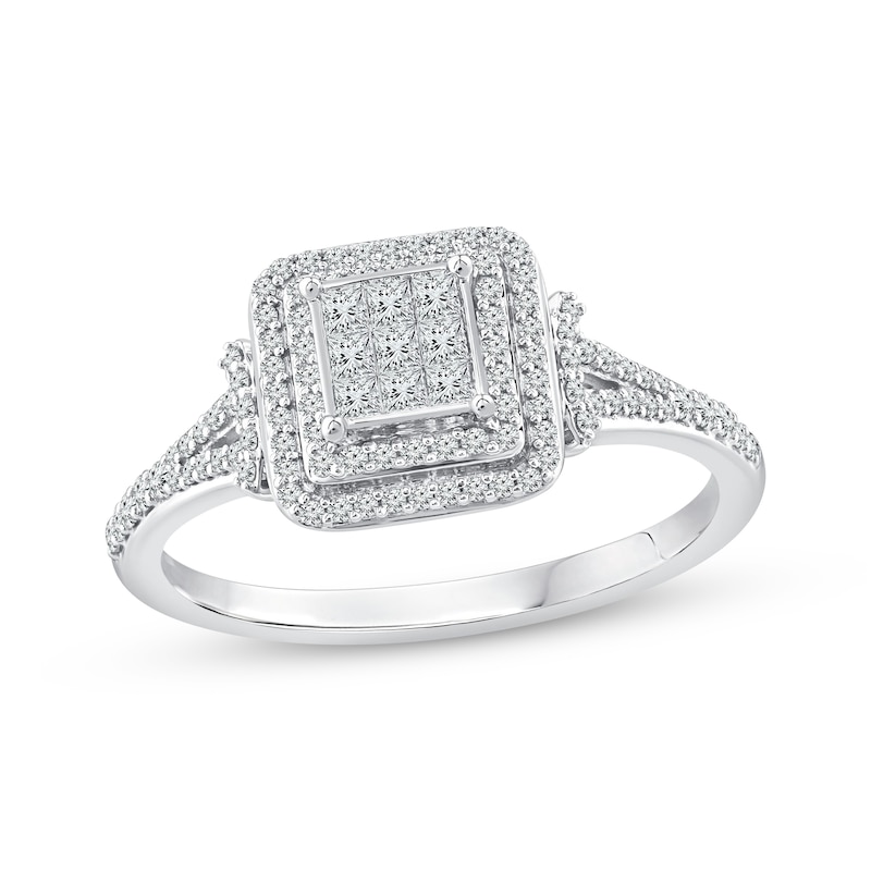 Main Image 1 of Princess-Cut Multi-Diamond Center Cushion Frame Ring 3/8 ct tw 10K White Gold